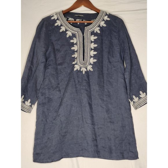 Chelsea & Theodore Women’s Linen Embroidered Navy Blue Ivory Tunic Blouse - Picture 5 of 8